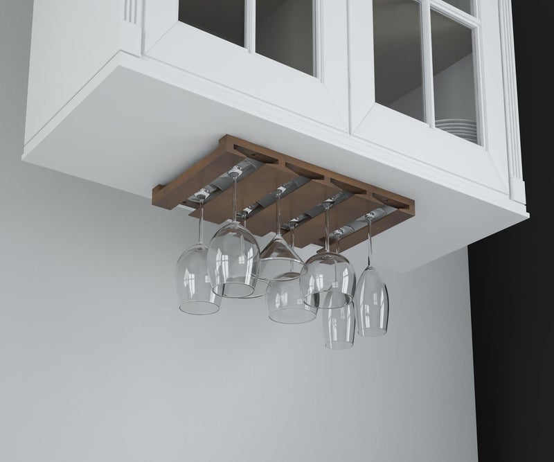 Rustic State Eze 4 Sectional Under Cabinet Mount Wood Stemware Rack Hanging Shelf Glassware Holder Bar Organizer with up to 12 Wine Glass Storage 12 Inch Deep Chestnut - Image 2